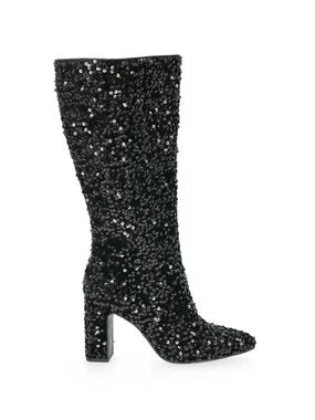 Steve Madden NYC Black Sequin Mid-Calf Block Heel Boots Size 6